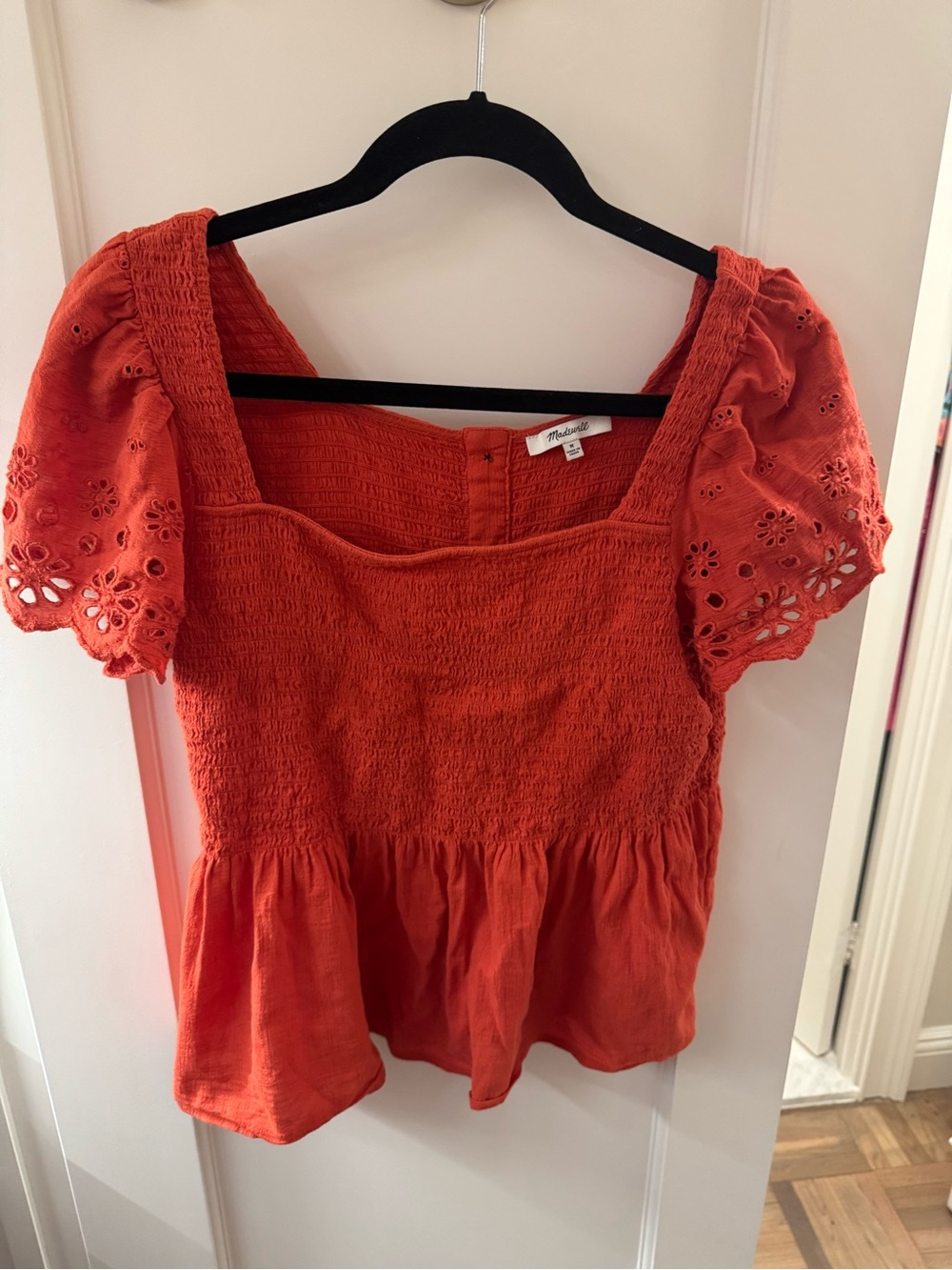 Madewell Coral Eyelet Puff Sleeve Smocked Peplum Top